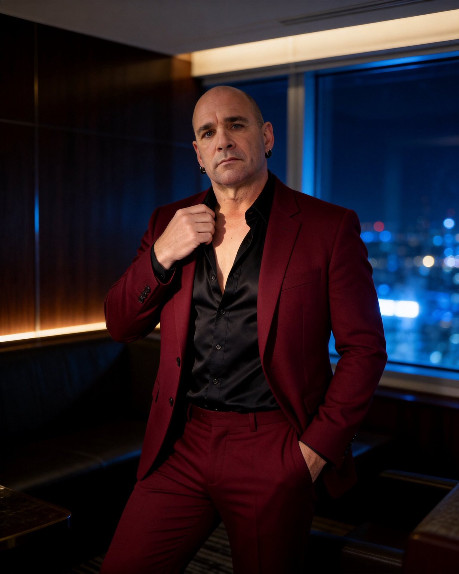 Atlas TripleX press portrait — bald, dark earrings, burgundy suit over open-collar black silk shirt, high-rise hotel suite with city night view through the window