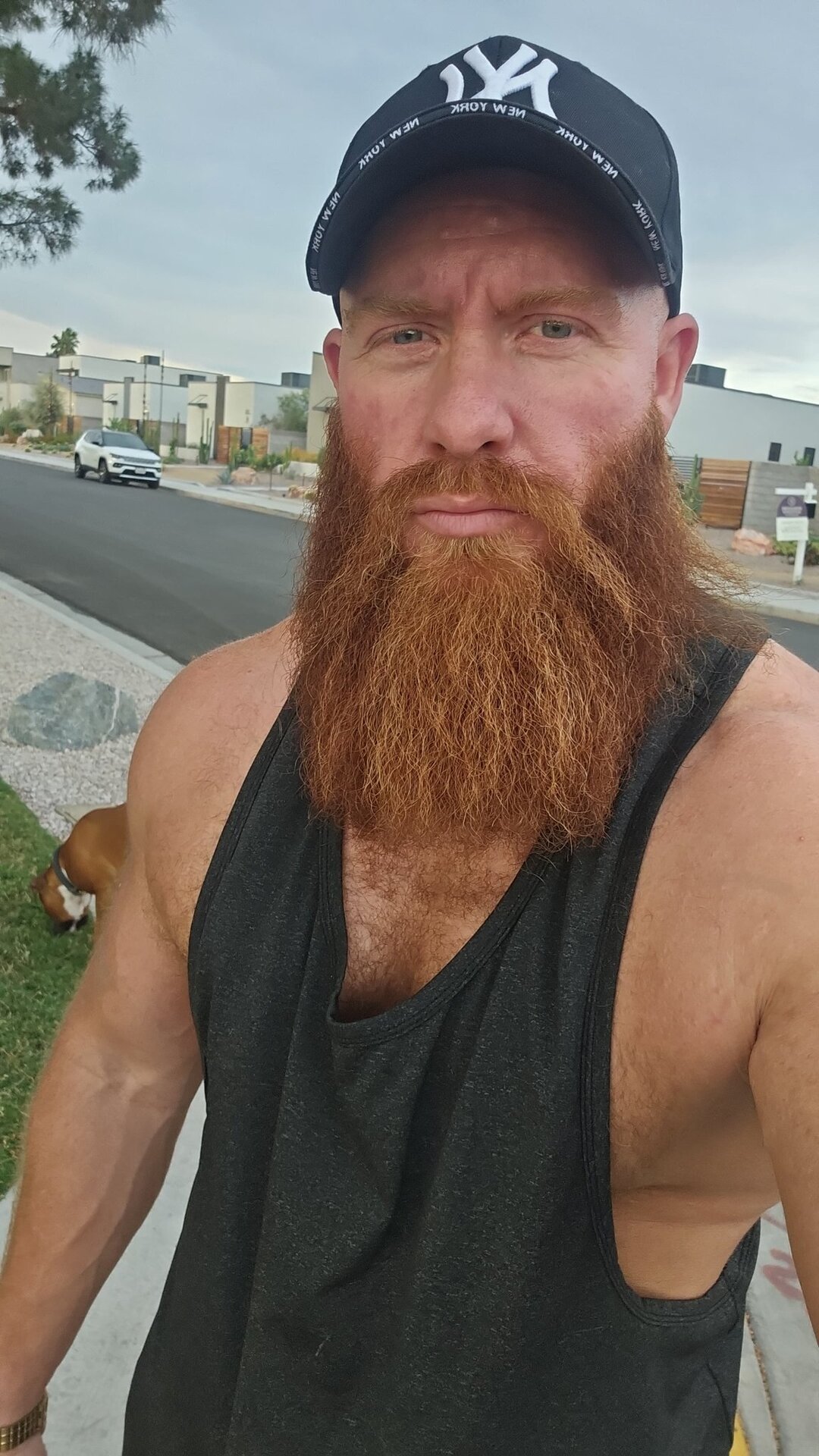 Thor Johnson outdoor portrait — Yankees cap, full red beard, black tank top, muscular build